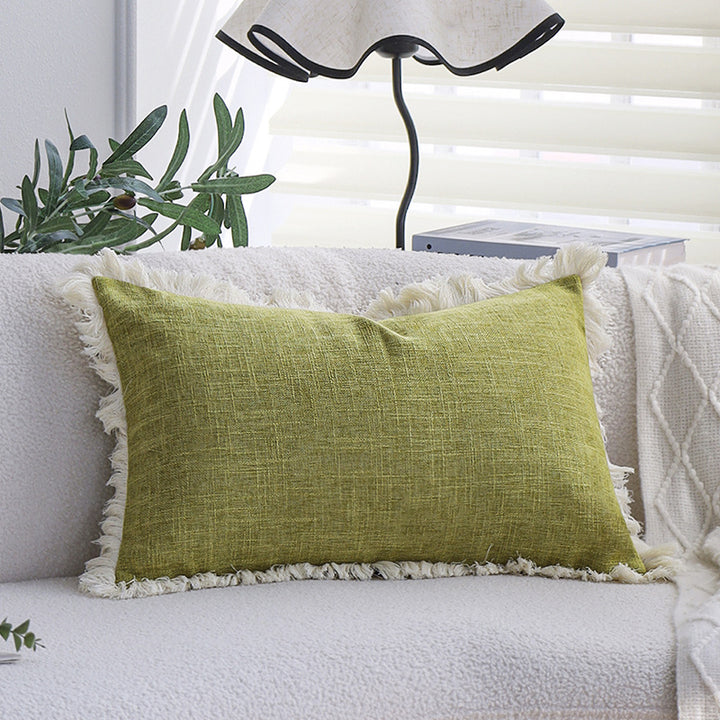 Rectangular cushion cover with woven linen look and decorative fringed edge Kalsten