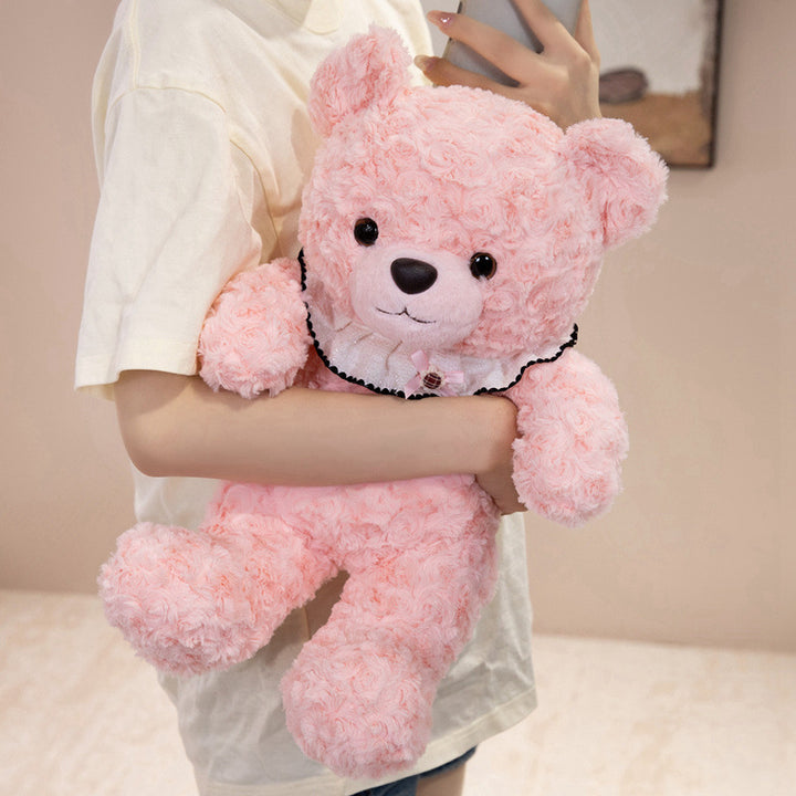Curly-Fur Teddy Bear with Ruffled Plaid Collar and Embroidered Nose Kalsten