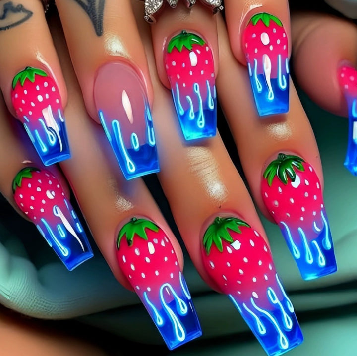 Strawberry-Inspired Acrylic Nail Art Kalsten
