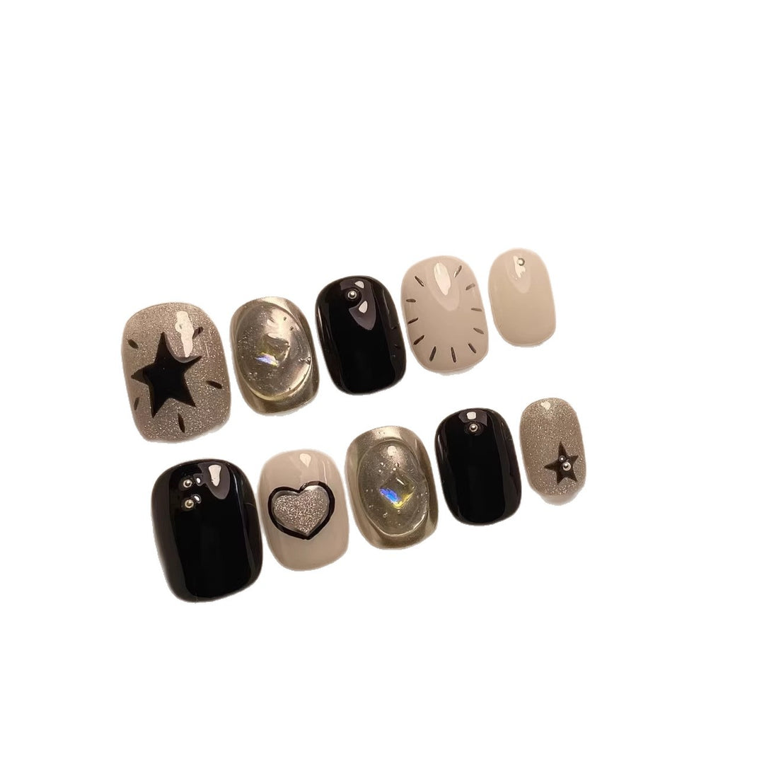 Artistic Press-On Nail Art Set with Geometric and Star Patterns