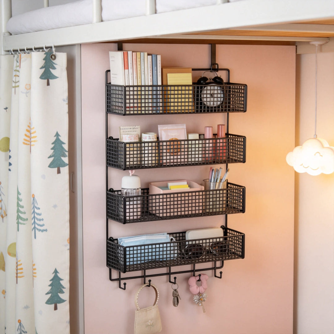 Wall-Mounted Grid Mesh Stacked Tiered Pantry and Bathroom Storage Baskets
