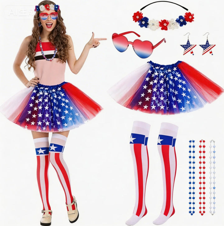 Women's patriotic carnival costume set with layered tulle skirt elastic waistband bow hairband thigh-high stockings and arm warmers Kalsten