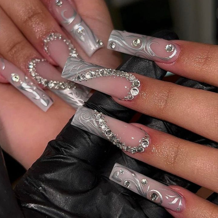 Artificial nails with elegant 3D pattern and radiant rhinestone decorations Kalsten
