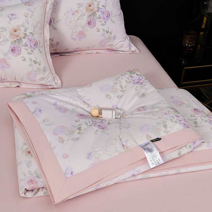 Floral Cotton Sateen Duvet Cover Set With Piped Border And Matching Pillow Shams