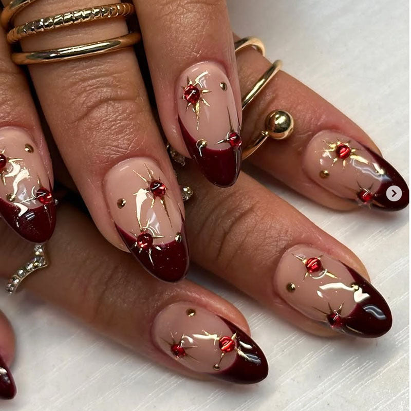 Artistic Press-On Nails with Floral and Gemstone Accents