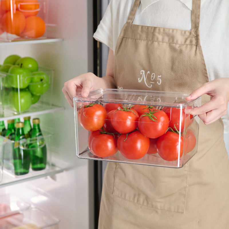 Transparent stackable storage compartment made of shatterproof acrylic with grip cutouts