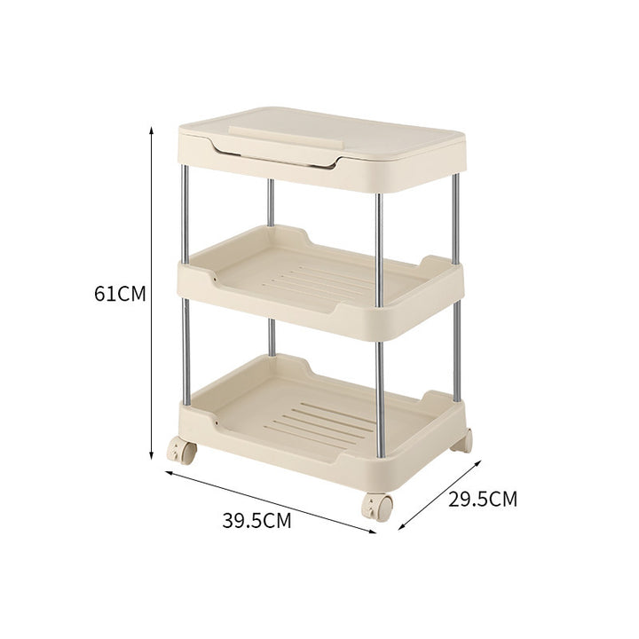 Three-tier rolling storage cart made of plastic with removable inserts and wheels