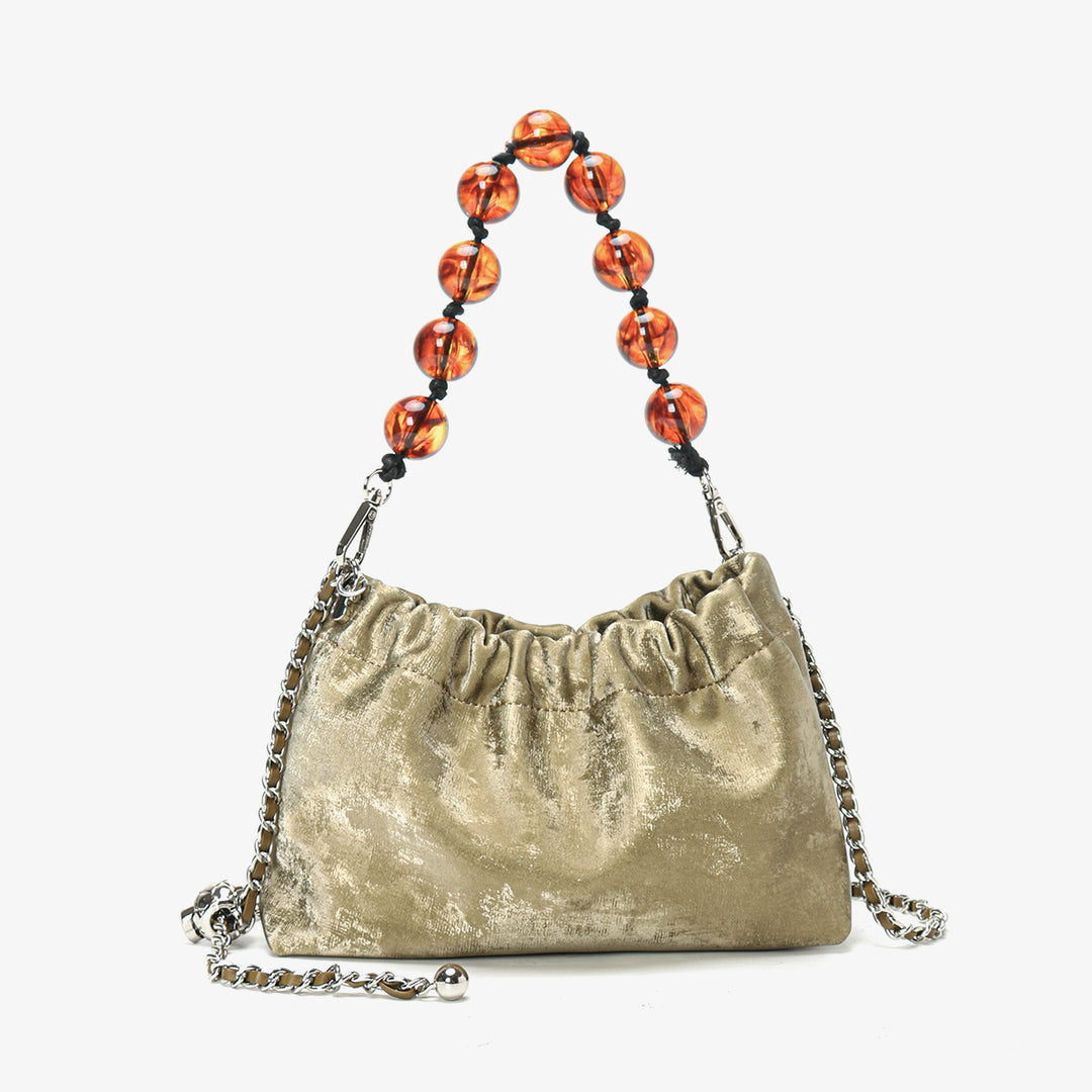 Ruched Velvet Shoulder Bag with Decorative Beaded Handle