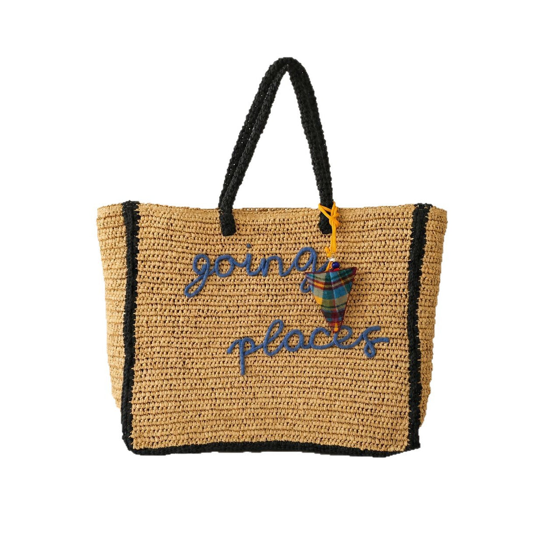 Spacious straw shopping bag with lettering Kalsten