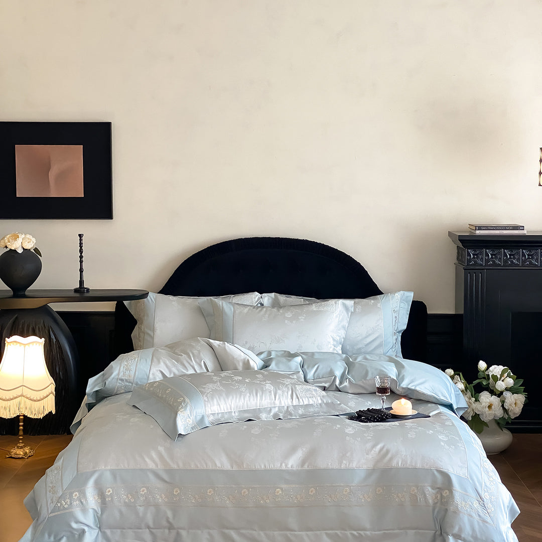 Fine satin bedding set with tonal floral jacquard and fine embroidered border