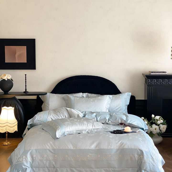 Fine satin bedding set with tonal floral jacquard and fine embroidered border