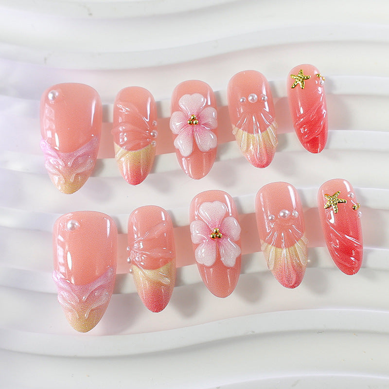 Artificial nail set with elegant floral decorations and luxurious shine Kalsten