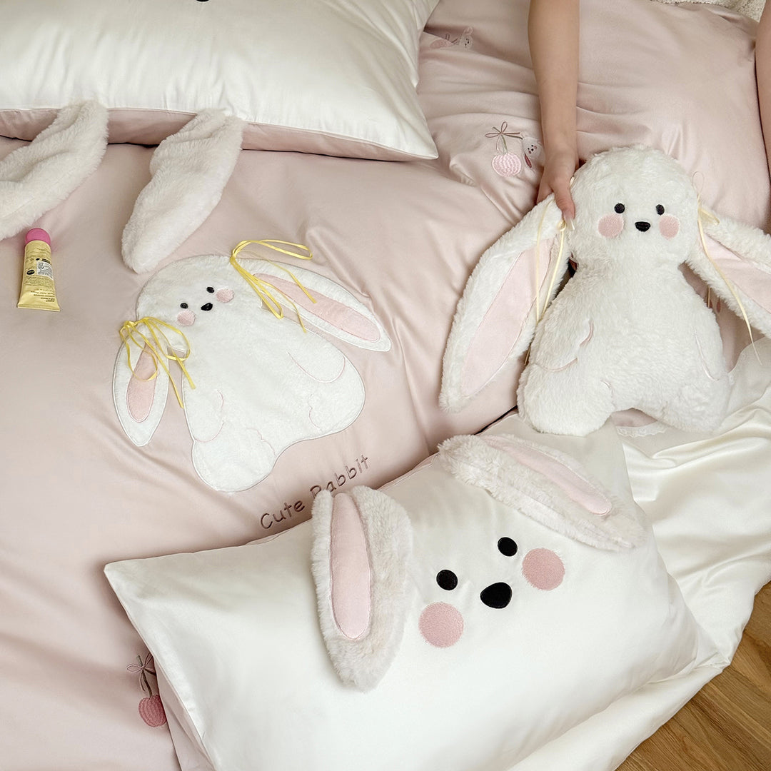 Cozy satin bedding with 3D rabbit appliqués