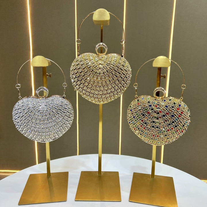 Heart-Shaped Crystal-Studded Evening Handbag