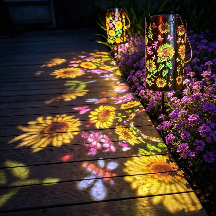 Solar Projection Lantern With Sunflower Floral Metal Cylinder And Hanging Handle Kalsten