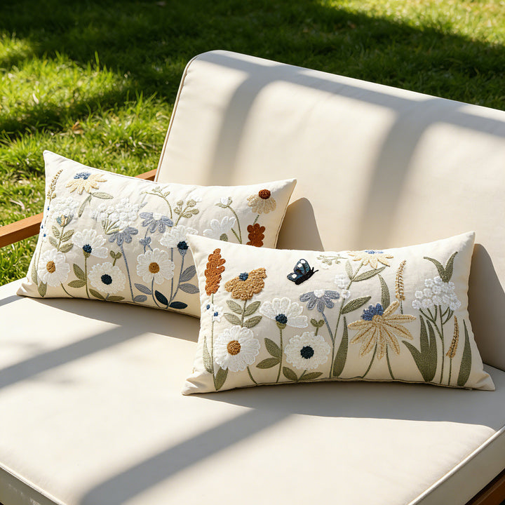Embroidered Floral Lumbar Throw Pillow Cover with Textured Chenille Appliqué and Hidden Zipper