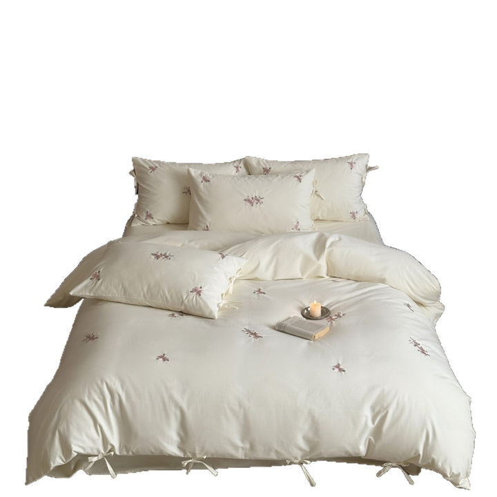 High-quality cotton bedding set with embroidered floral accents