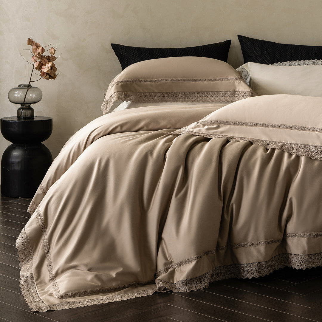 Noble cotton satin bedding set with fine lace trim and hotel closure
