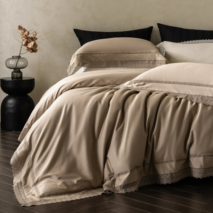 Noble cotton satin bedding set with fine lace trim and hotel closure