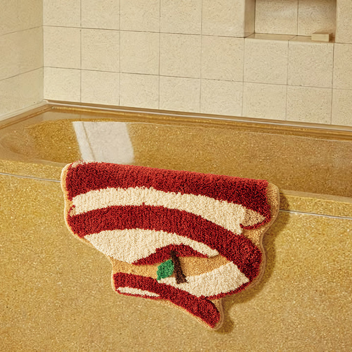 Apple-shaped high pile rug for bathroom and entrance area with tufting structure and non-slip backing