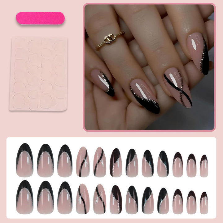 Artificial nail set with elegant black and white design and glitter accents Kalsten