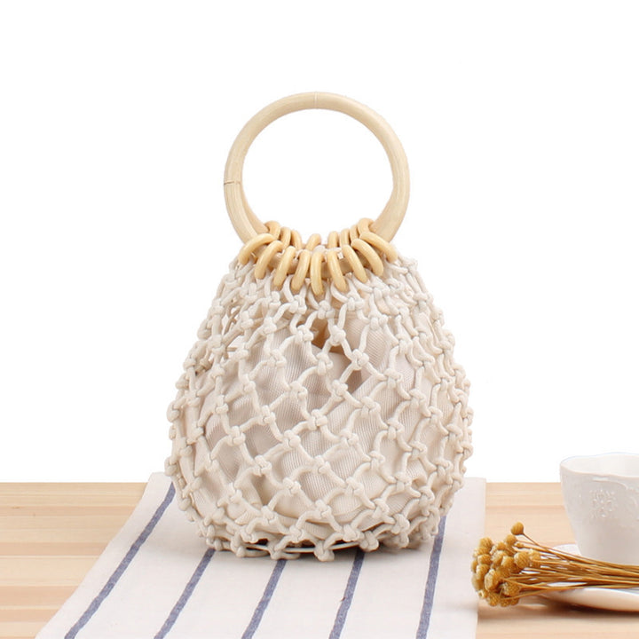 Tote bag with hand-knotted net design and wooden handle Kalsten