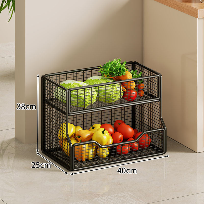 Two Tier Wire Mesh Kitchen Produce Storage Rack with Slide Out Lower Basket