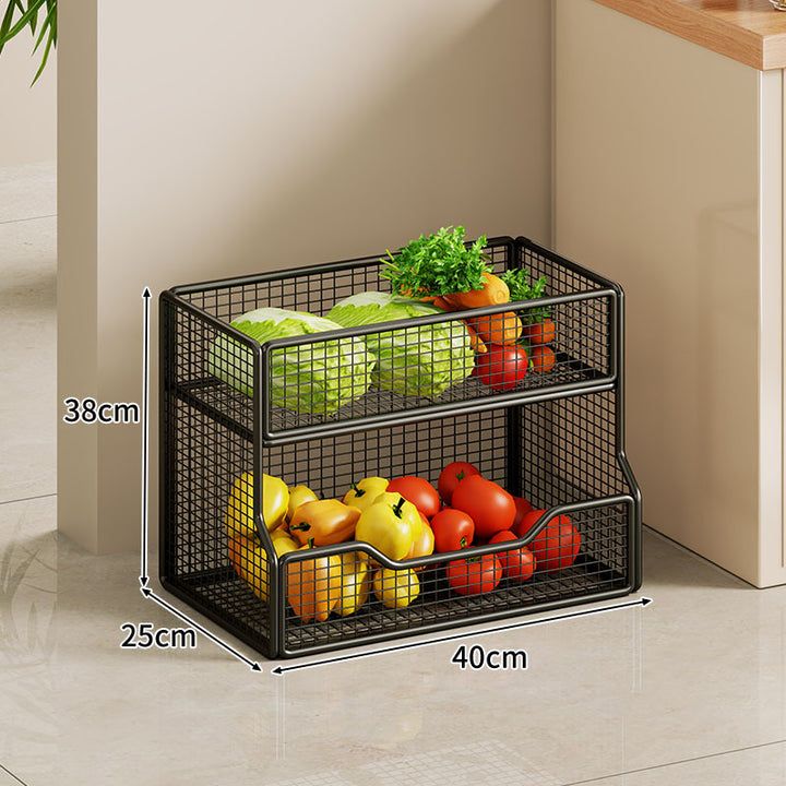 Two Tier Wire Mesh Kitchen Produce Storage Rack with Slide Out Lower Basket