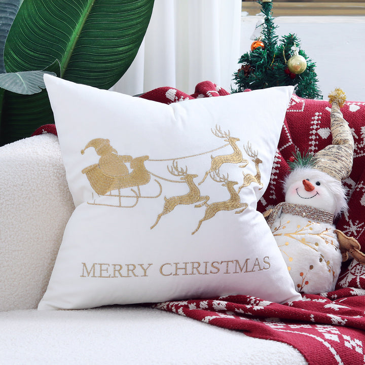 Velvet Embroidered Festive Accent Pillow Cover with Metallic Script