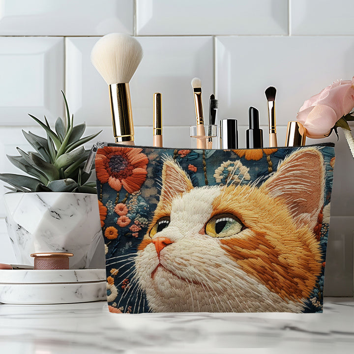 Embroidered Owl Textured Makeup Pouch With Zipper And Water-Resistant Lining