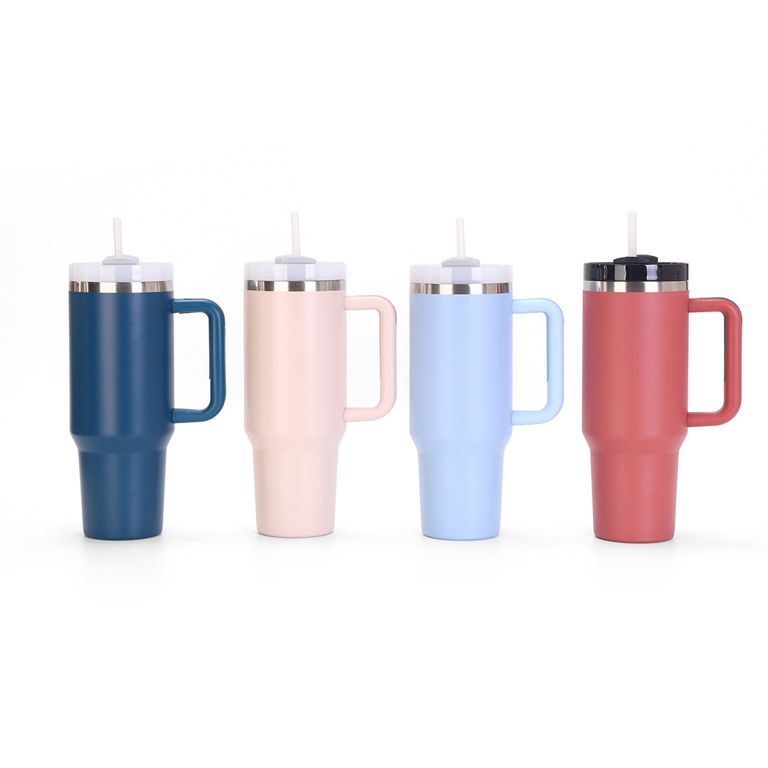 Insulated Stainless Steel Tall Travel Mug With Ergonomic Side Handle And Leak-Resistant Straw Lid