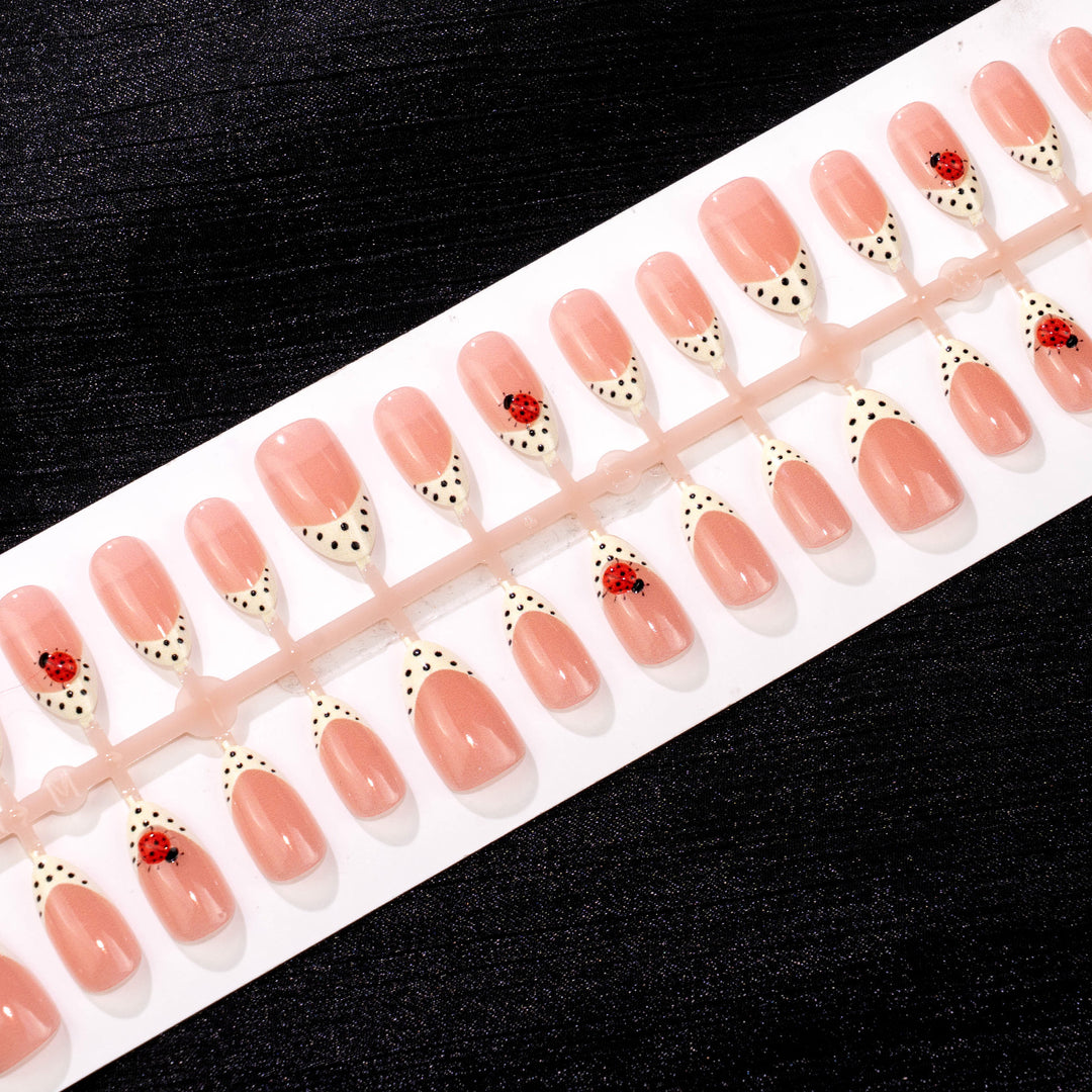 Artistic Press-On Nail Set with Ladybug and Polka Dot Design Kalsten