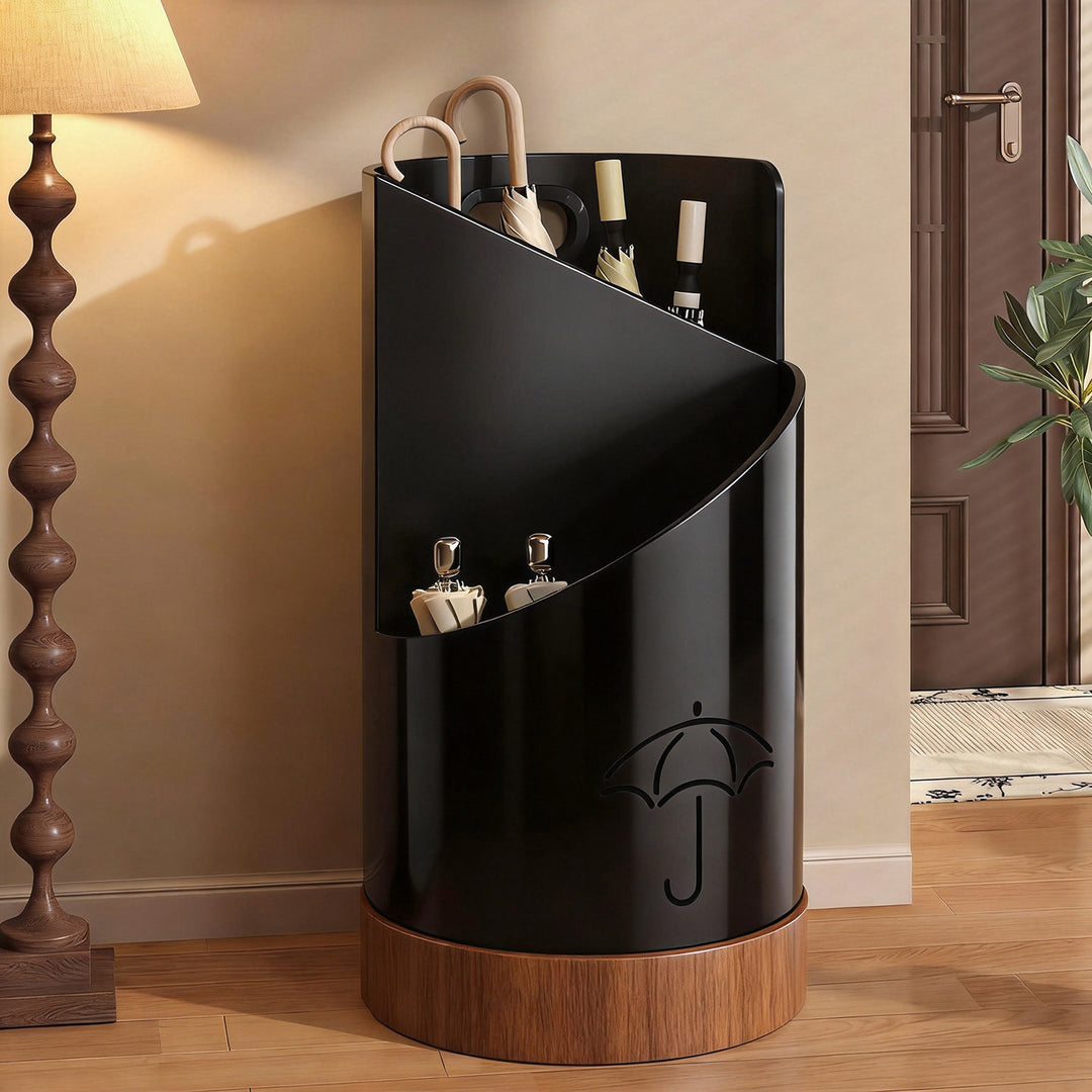 Tall Cylindrical Metal Umbrella Stand with Wood Base and Multi-Compartment Organizer