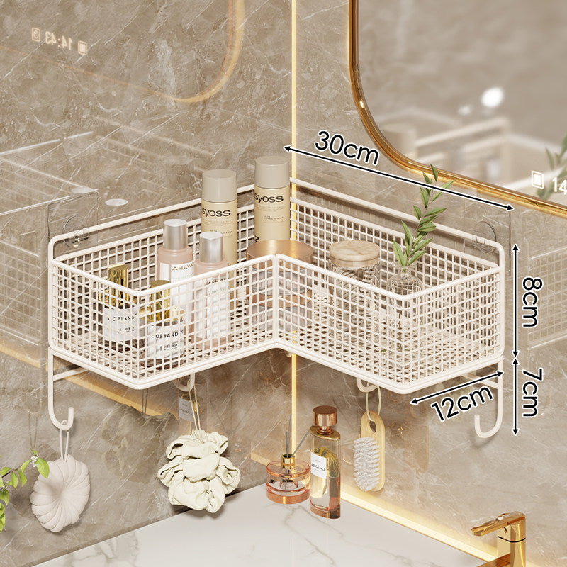 Corner Suction-Mounted Mesh Vanity Organizer with Dual Floating Baskets and Hook Rack