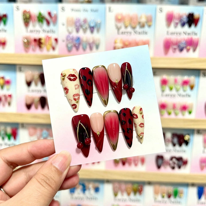Artistic Press-On Nail Set with Unique Lip and Animal Print Designs