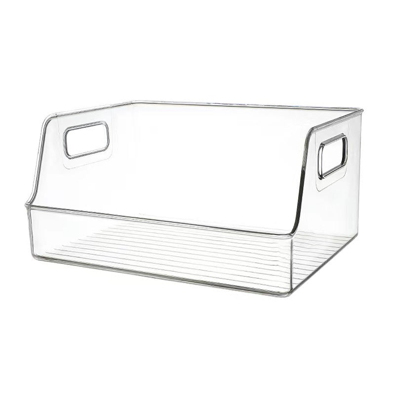 Transparent organizer box with sloping front and integrated handles
