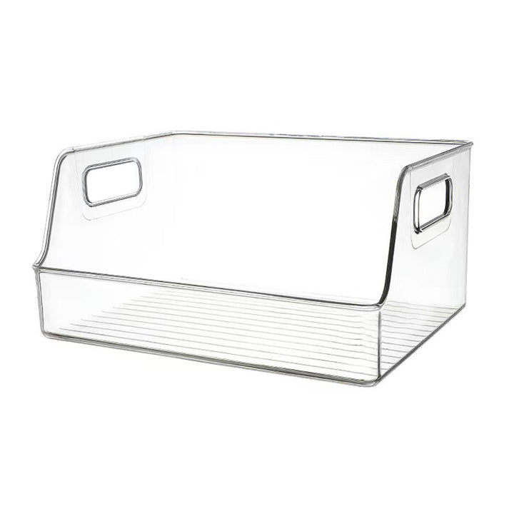 Transparent organizer box with sloping front and integrated handles