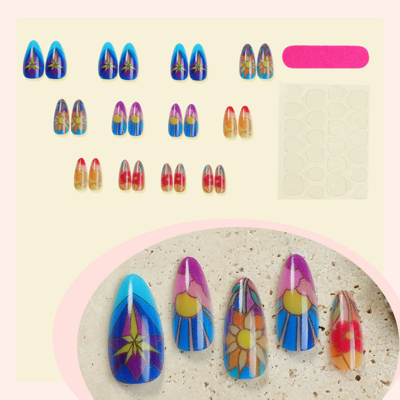 Artistic Press-On Nail Art Set with Floral and Geometric Patterns kalsten
