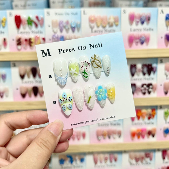 Artistic Press-On Nail Art Set with Floral and Gem Accents  1791774696