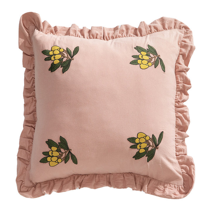 Square decorative cushion with frill edge and embroidered berry ornament made of cotton-linen Kalsten