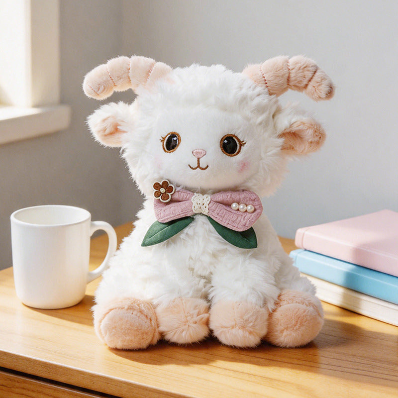 Curled-Horn Ram Plush Collectible with Embroidered Face, Bow Collar & Soft Faux Fur Kalsten