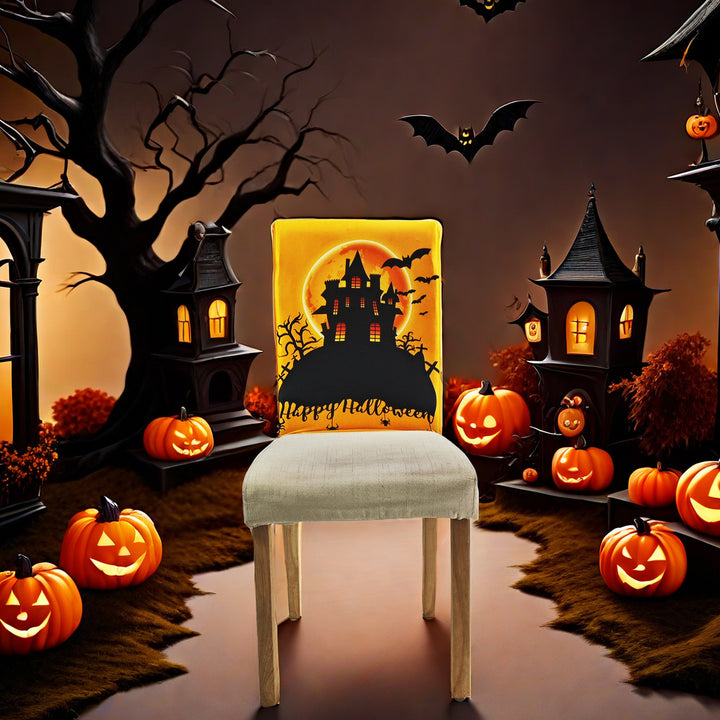Stretch chair back cover with detailed pumpkin watercolor print and bat accents