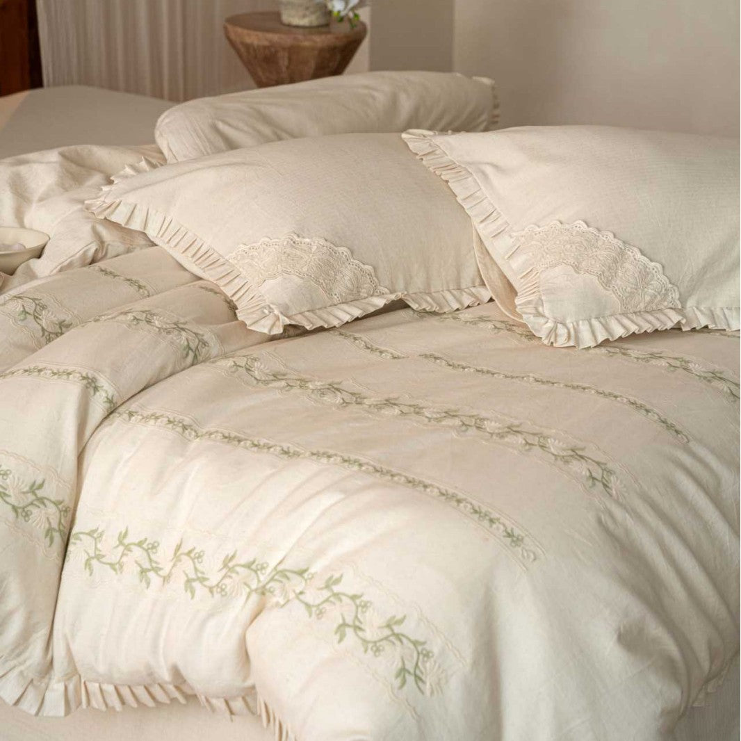 Organic Cotton Duvet Cover Set in Country Style with Delicate Embroidery and Ruffled Hem