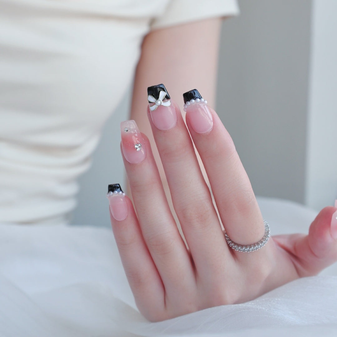 Artistic Press-On Nail Set with Gem Accents