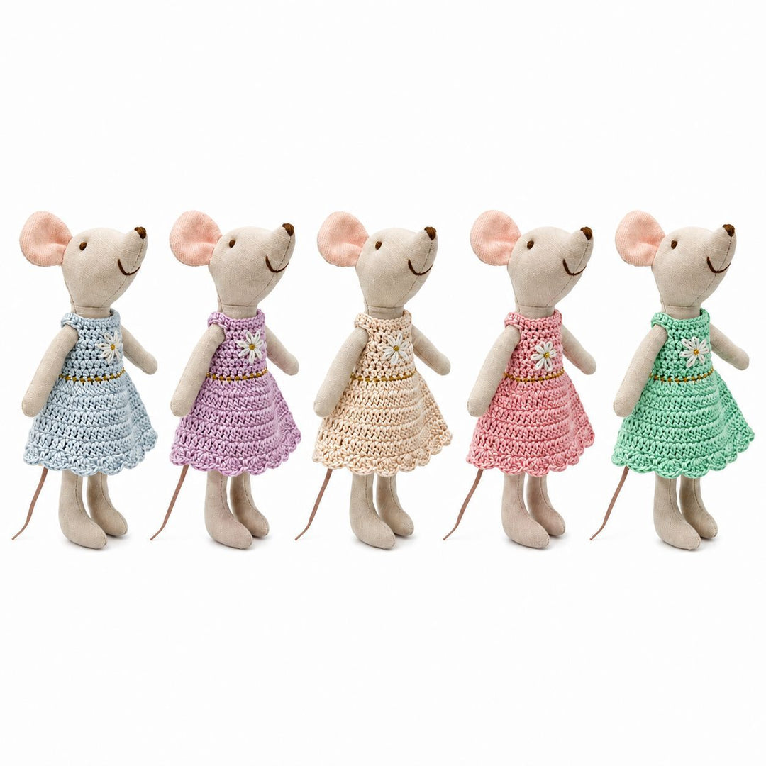 Miniature Hand-Sewn Linen Mouse Soft Toy with Crocheted Dress