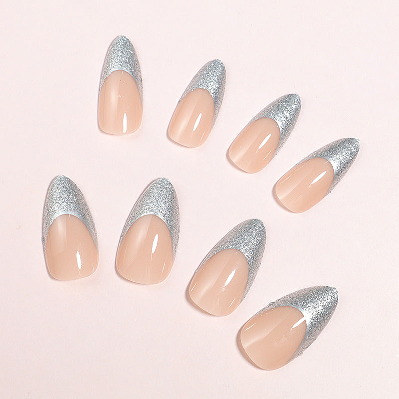 Elegant Glossy Almond-Shaped Press-On Nails with Silver Glitter Tips Kalsten