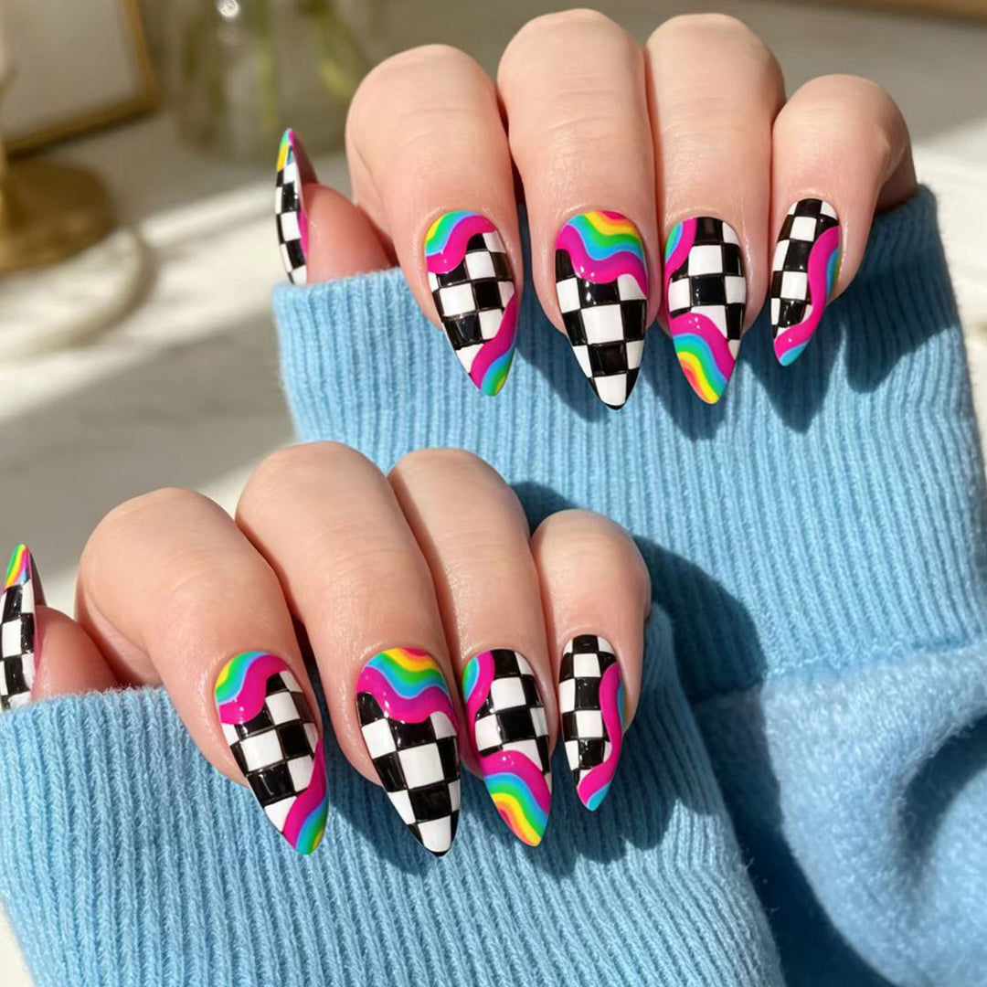 Creative artificial nails with colorful wave and checkerboard design Kalsten
