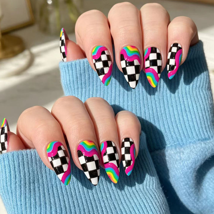 Creative artificial nails with colorful wave and checkerboard design Kalsten