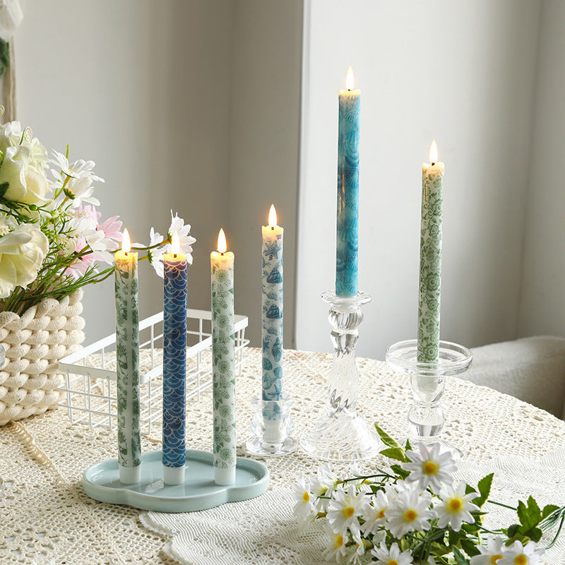 Ceramic Triple Taper Candle Holder with Patterned Taper Candles