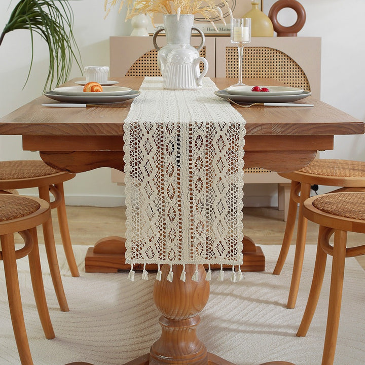 Handwoven Cotton Crochet Table Runner with Diamond Lace Pattern and Tassel Point